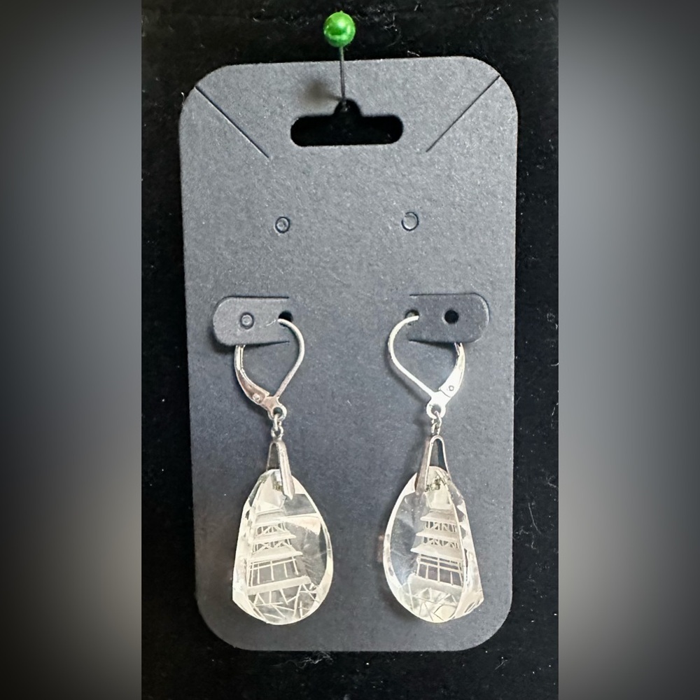 VTG - Sterling Silver - Clear Crystal Glass Pagoda Reversed Etched Earrings